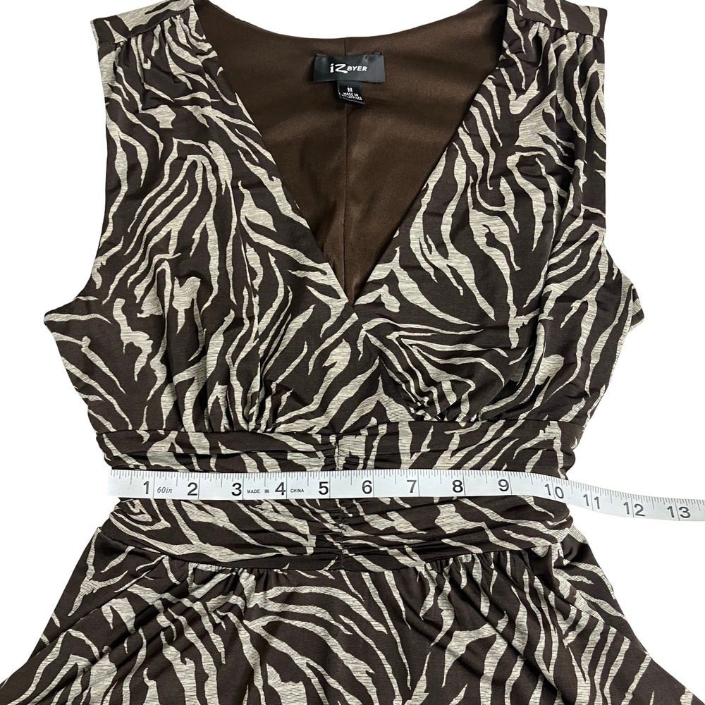 Y2K IZ Byer Zebra Dress Medium Brown Ruched Babydoll Empire Tie Waist Sleeveless - Picture 13 of 14